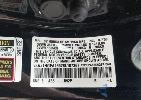 2008 Honda Civic Lx из США, поврежденный, VIN 1HGFA16528L107367